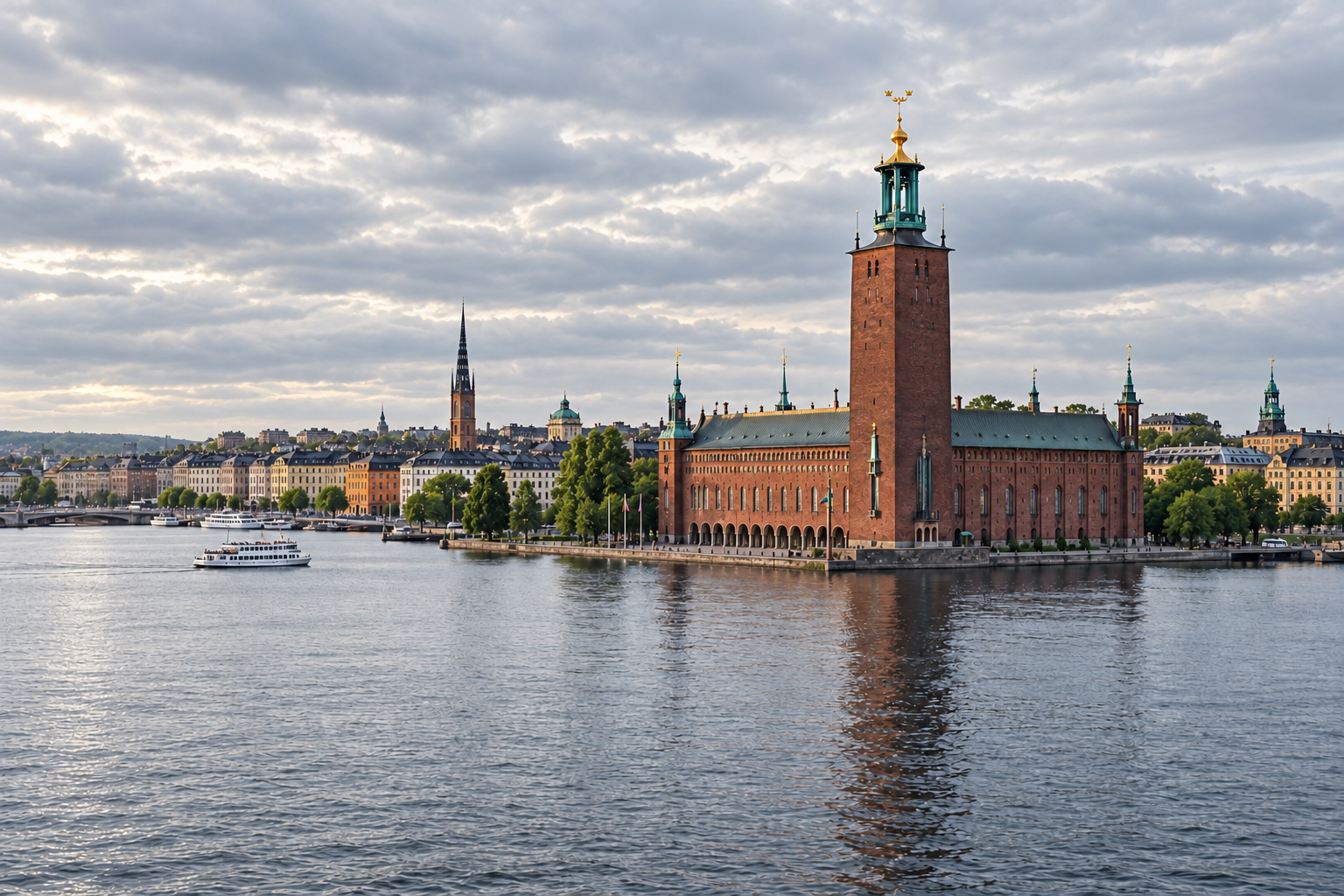 Stockholm City Hall beside the waterfront at golden hour
