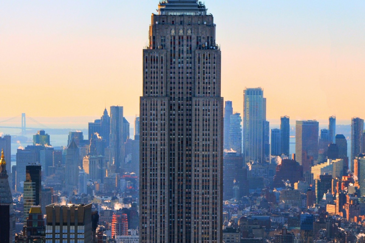 New York City skyline viewed from a bridge